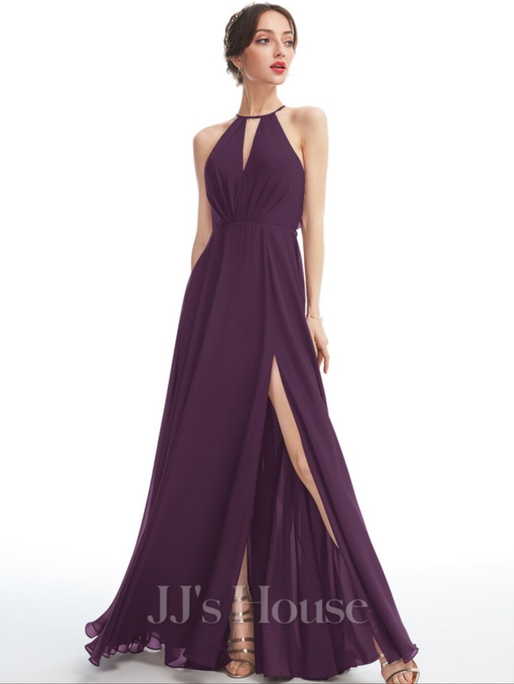 Halter Neck Plum Maxi Dress with Front Slit